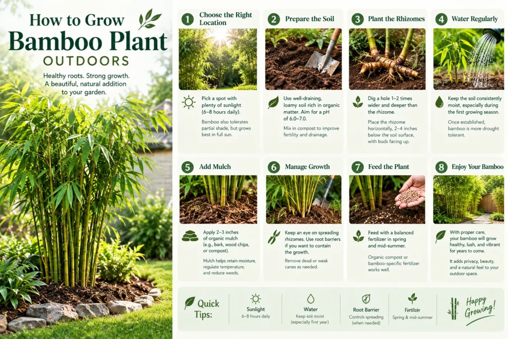 How to grow bamboo plant outdoors infographic with eight steps from planting to feeding
