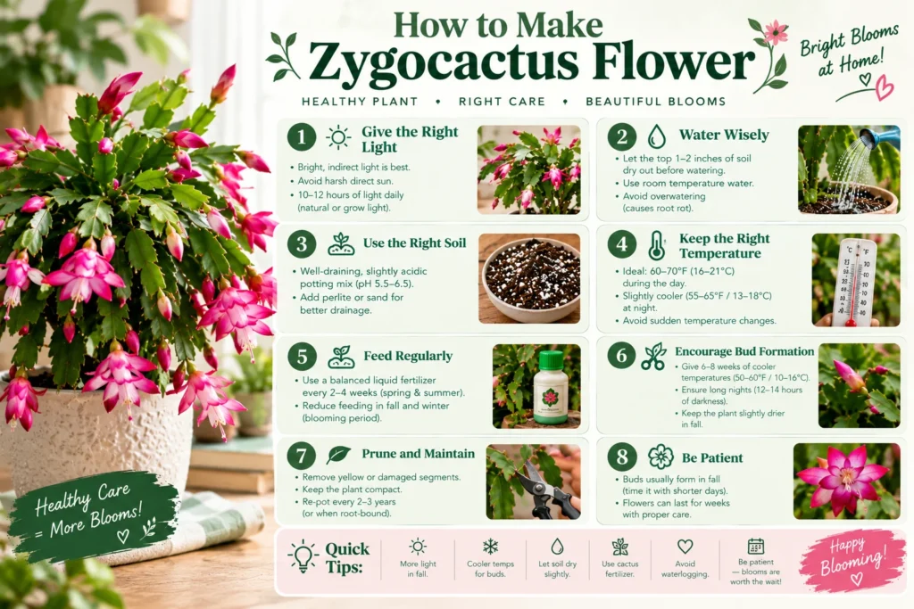 Step-by-step infographic on how to make zygocactus flower with light, water, and temperature tips.