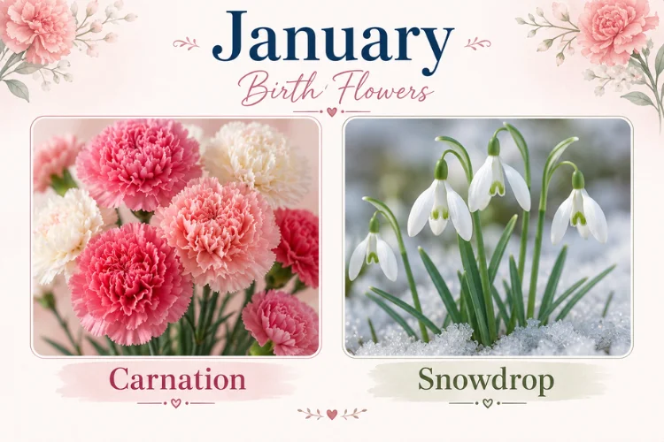 January Birth Flowers graphic featuring pink carnations and white snowdrops blooming in snow