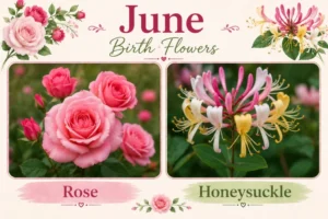June birth flowers graphic featuring pink roses and honeysuckle blooms side by side