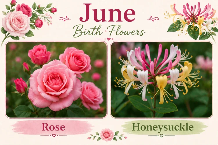 June birth flowers graphic featuring pink roses and honeysuckle blooms side by side