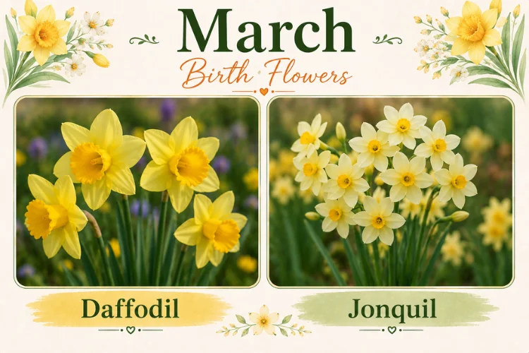 March Birth Flowers graphic comparing Daffodil and Jonquil blooms side by side