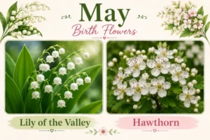 May Birth Flowers graphic featuring Lily of the Valley and Hawthorn side by side.