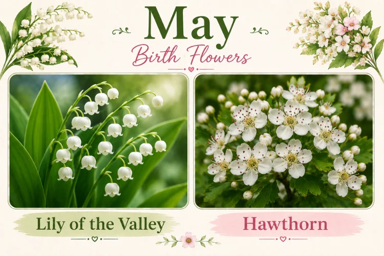 May Birth Flowers graphic featuring Lily of the Valley and Hawthorn side by side.