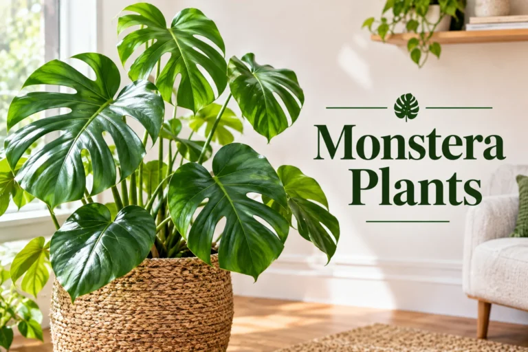 Monstera plants with glossy split leaves in a woven basket near a sunny window