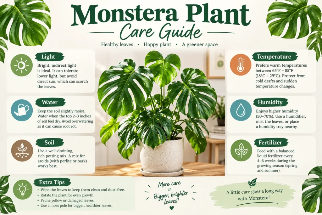 Monstera plant care guide infographic covering light, water, soil, temperature, humidity, and fertilizer needs
