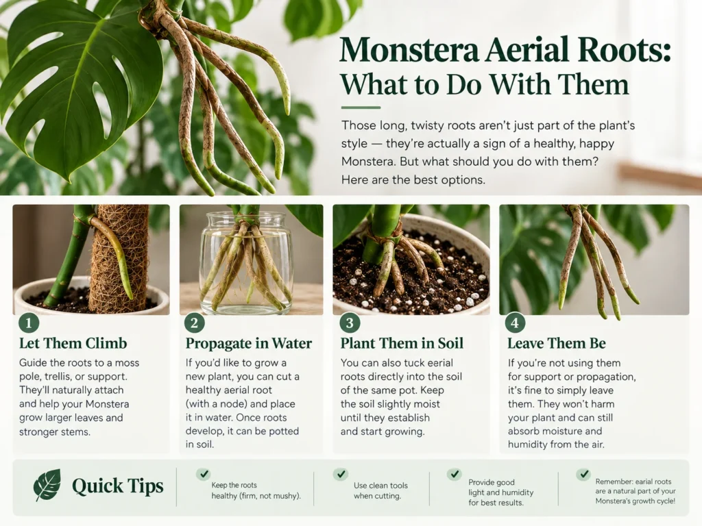 Monstera aerial roots infographic with four options including moss pole, water, soil, or doing nothing