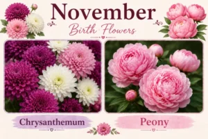November birth flowers guide featuring chrysanthemum and peony blooms side by side in pink tones