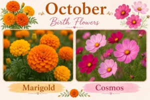 October Birth Flowers graphic featuring Marigold and Cosmos side by side in autumn colors.