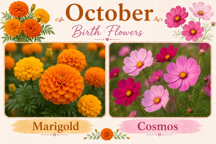 October Birth Flowers graphic featuring Marigold and Cosmos side by side in autumn colors.