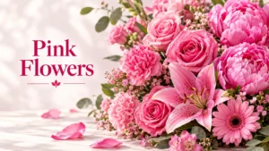 Pink flowers bouquet with roses, peonies, carnations, lilies, and gerbera daisies on a light background