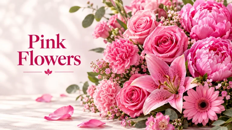 Pink flowers bouquet with roses, peonies, carnations, lilies, and gerbera daisies on a light background