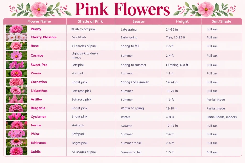 Pink flowers chart listing 15 flower names with shade, season, height, and sun or shade needs