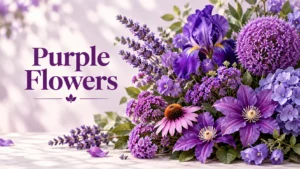 Elegant bouquet of assorted purple flowers including iris, allium, and clematis blooms