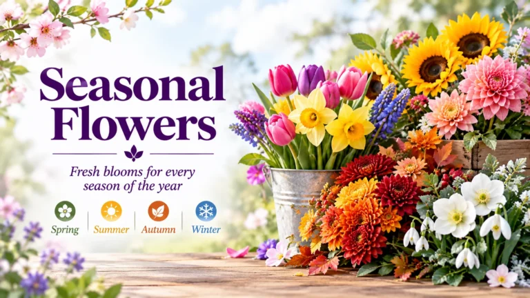 Seasonal flowers bouquet with spring tulips, summer sunflowers, autumn chrysanthemums and winter snowdrops