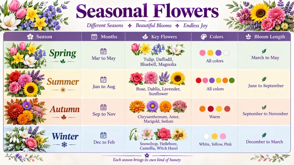 Seasonal flowers chart showing spring, summer, autumn and winter blooms, colors and bloom length