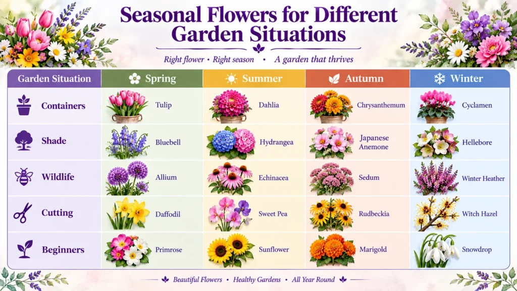 Seasonal flowers for different garden situations including containers, shade, wildlife, cutting and beginners