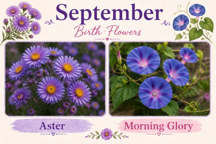 September birth flowers graphic comparing purple aster blooms and purple morning glory flowers side by side.