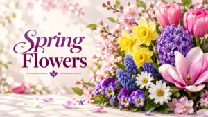 Colorful bouquet of spring flowers including tulips, daffodils, hyacinth and magnolia blossoms