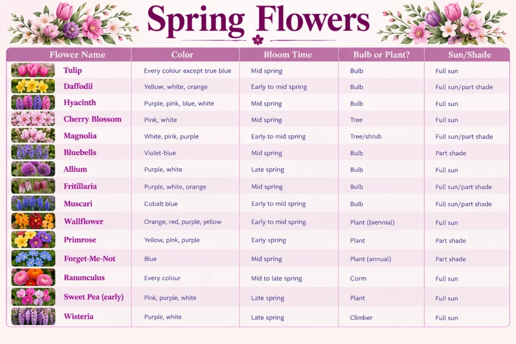 Spring flowers overview chart showing flower names, colors, bloom time and sun needs