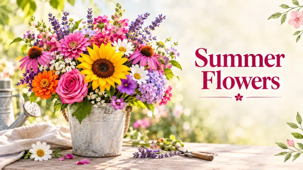 Summer flowers bouquet with sunflower, roses, echinacea and lavender in a rustic garden bucket