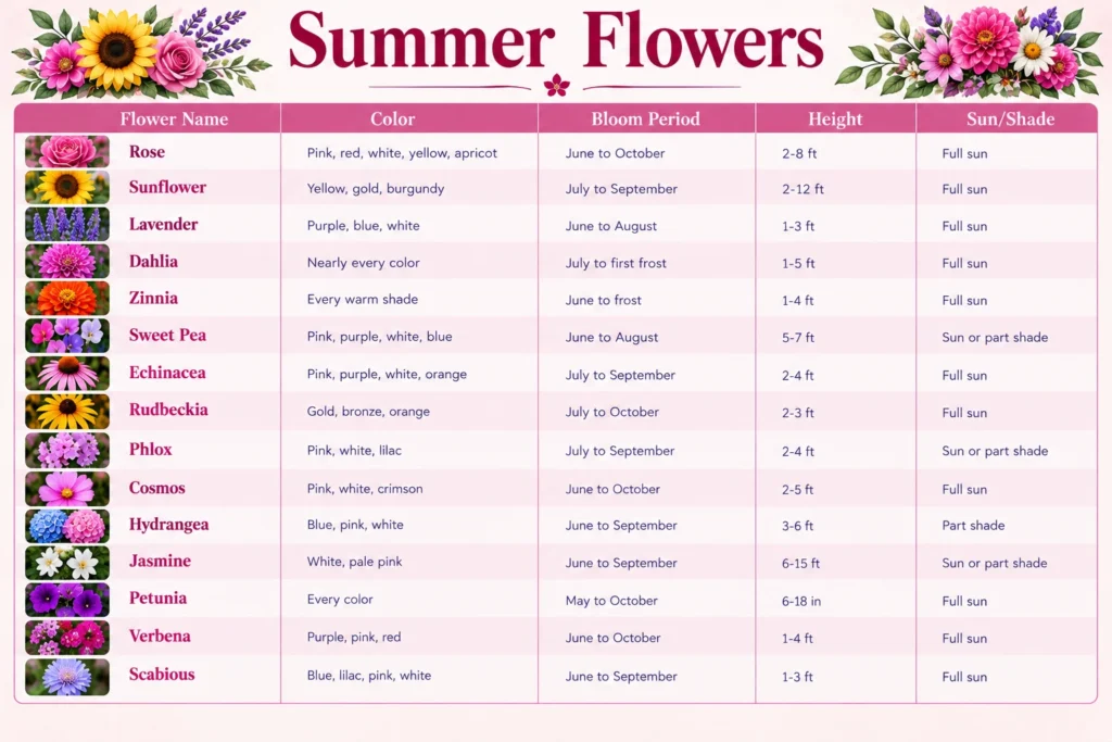 Summer flowers chart showing colour, bloom period, height and sun needs for fifteen popular blooms