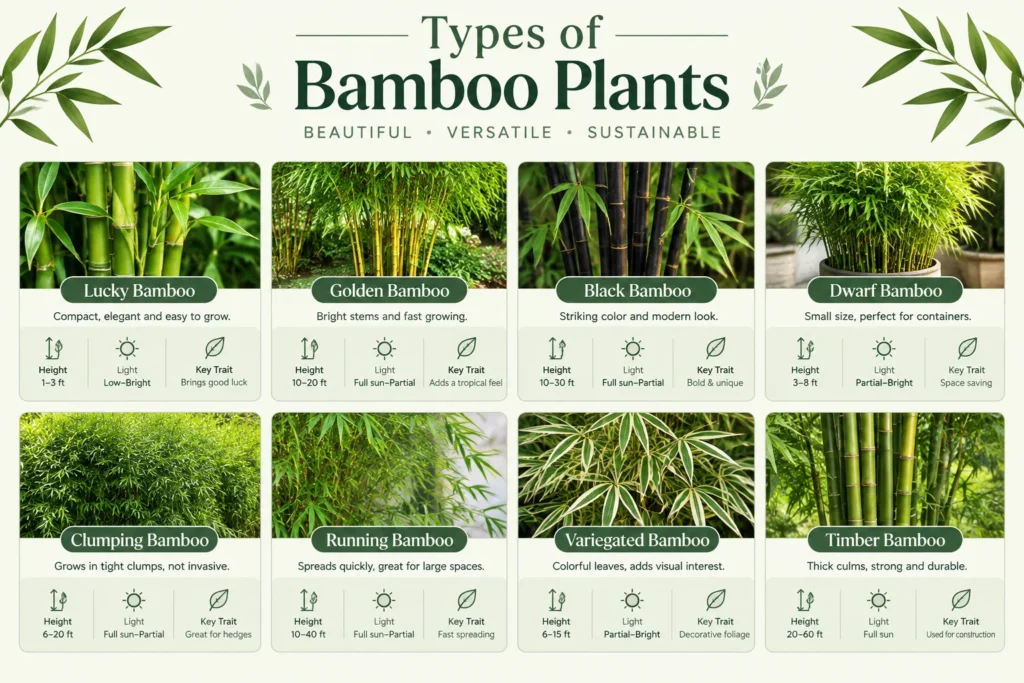 Types of bamboo plants comparing lucky, golden, black, dwarf, clumping, running, variegated and timber bamboo