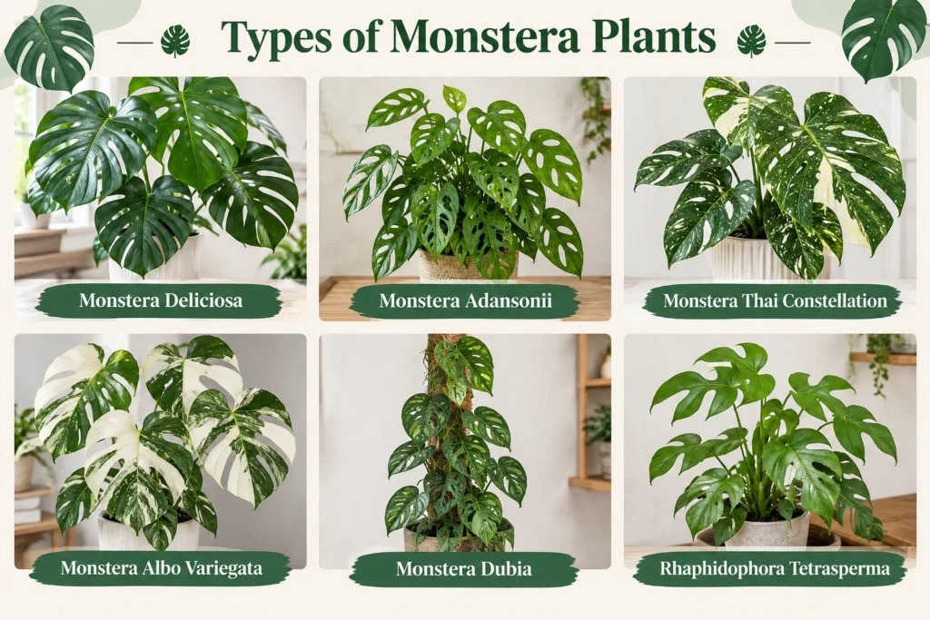 Types of monstera plants including deliciosa, adansonii, Thai Constellation, albo variegata, dubia, and Rhaphidophora tetrasperma