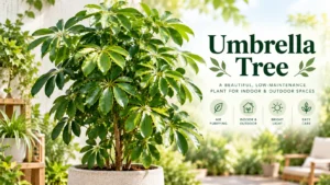 Healthy umbrella tree with glossy green leaflets growing in a pot outdoors