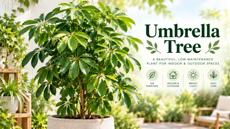 Healthy umbrella tree with glossy green leaflets growing in a pot outdoors