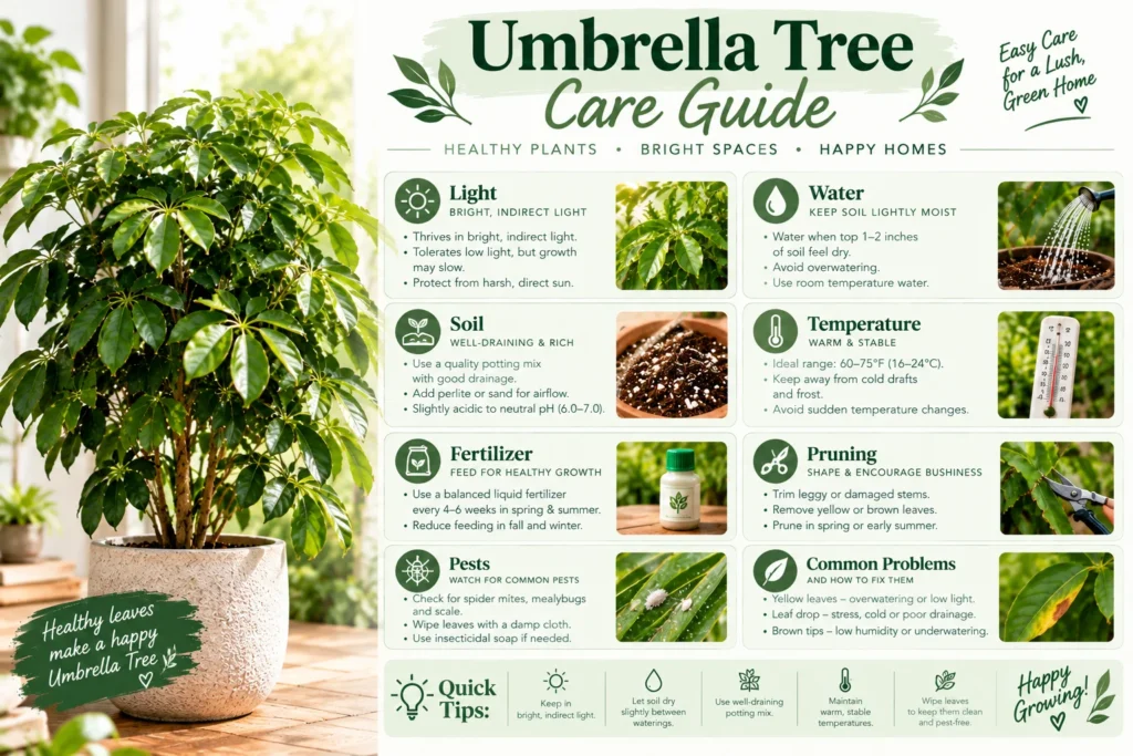 Umbrella tree care guide infographic showing light, water, soil, temperature, fertilizer, pruning, and pest tips