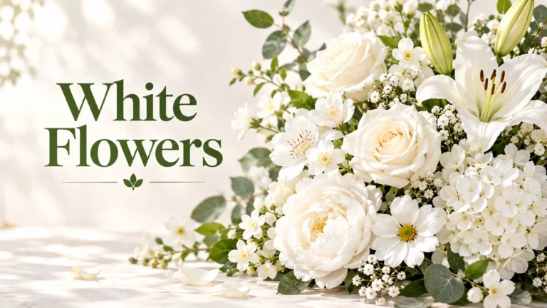 White flowers hero image featuring roses, peonies, and lilies in an elegant bridal-style bouquet.