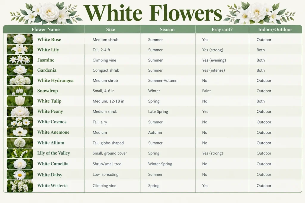 White flowers comparison chart listing fifteen popular blooms by size, season, fragrance, and setting.