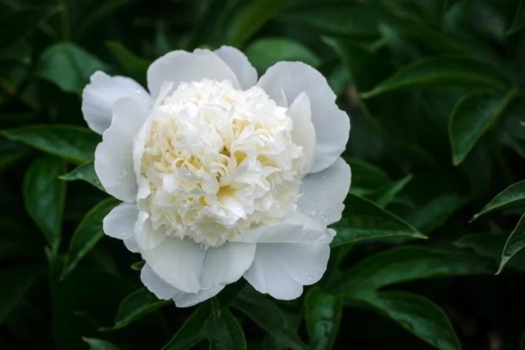 Full white peony flower with ruffled petals and a soft cream-colored center in bloom.