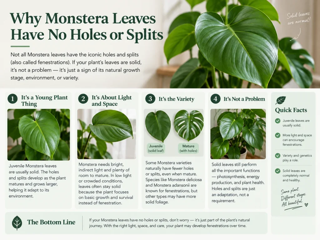 Why monstera leaves have no holes or splits infographic showing juvenile solid leaves