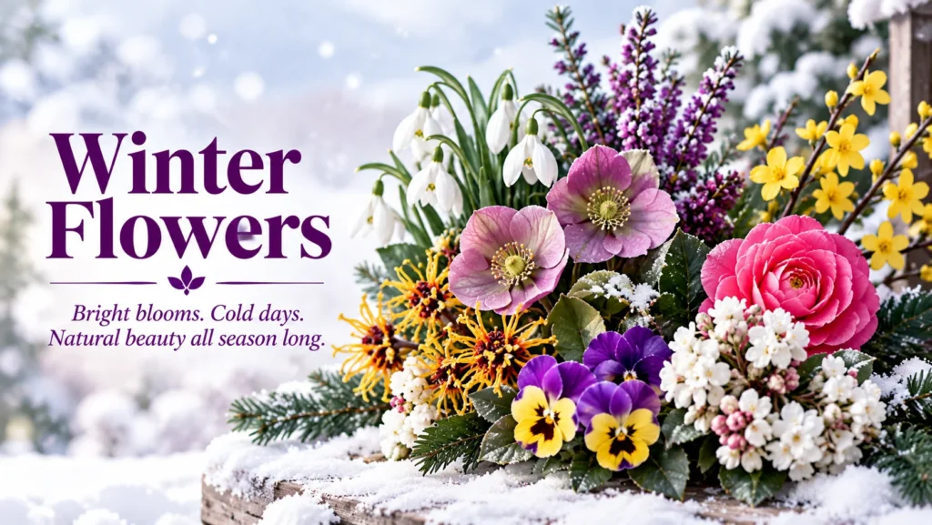 Colourful winter flowers arrangement with snowdrops, hellebores, heather, and camellia set in snow.