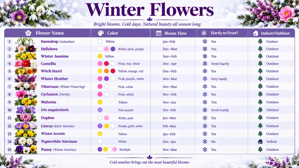 Winter flowers comparison chart listing fifteen blooms with colour, bloom time, and hardiness details.