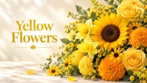 A bright yellow flowers bouquet featuring sunflowers, daffodils, marigolds, roses, and black-eyed Susans together.