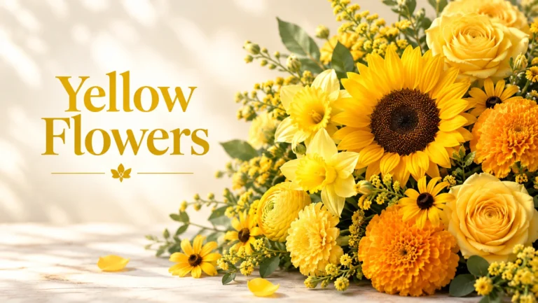 A bright yellow flowers bouquet featuring sunflowers, daffodils, marigolds, roses, and black-eyed Susans together.