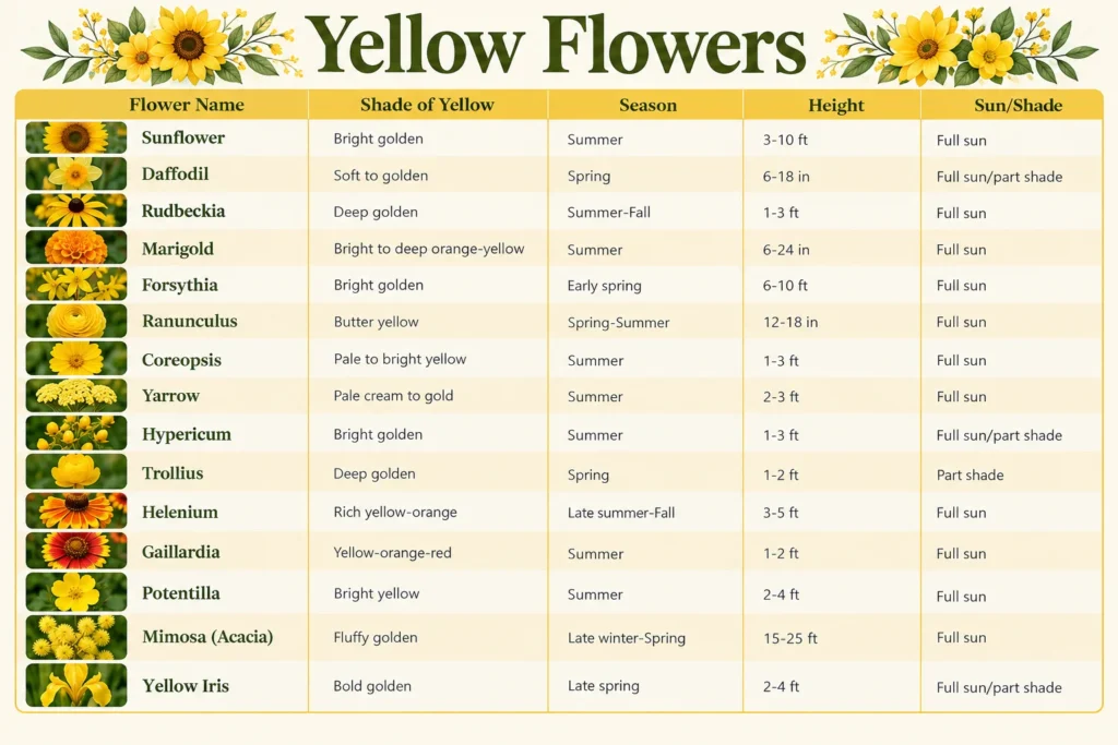 A yellow flowers comparison chart listing flower names, shade, season, height, and sun or shade needs.