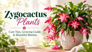 Blooming zygocactus plant with pink flowers in a ceramic pot, showcasing care tips and growing guide.