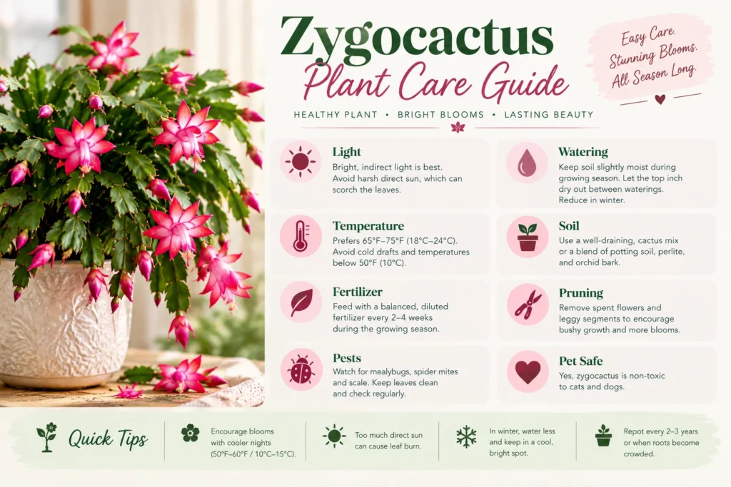 Zygocactus plant care guide infographic covering light, watering, soil, fertilizer, pruning, and pest control tips.
