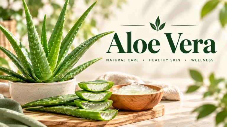 Aloe vera plant in a white pot beside sliced leaves and a bowl of fresh gel