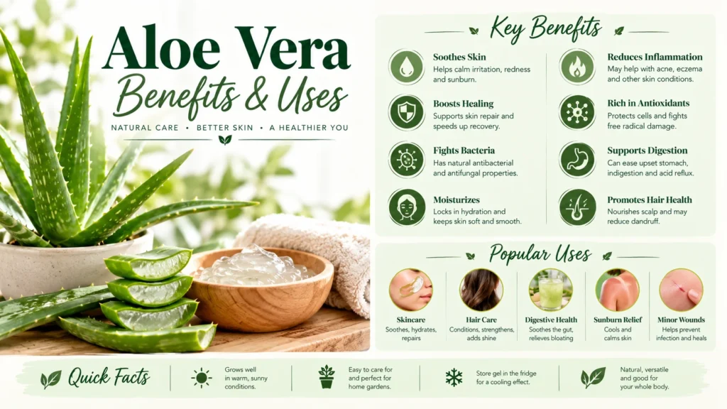 Aloe vera benefits and uses infographic covering skin, hair, digestion and sunburn relief