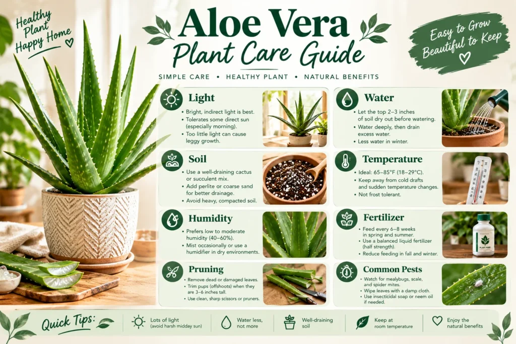 Aloe vera plant care guide infographic covering light, water, soil, temperature, humidity and fertilizer