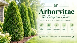 Row of tall arborvitae trees forming a dense evergreen privacy screen beside a lawn