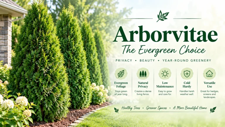Row of tall arborvitae trees forming a dense evergreen privacy screen beside a lawn