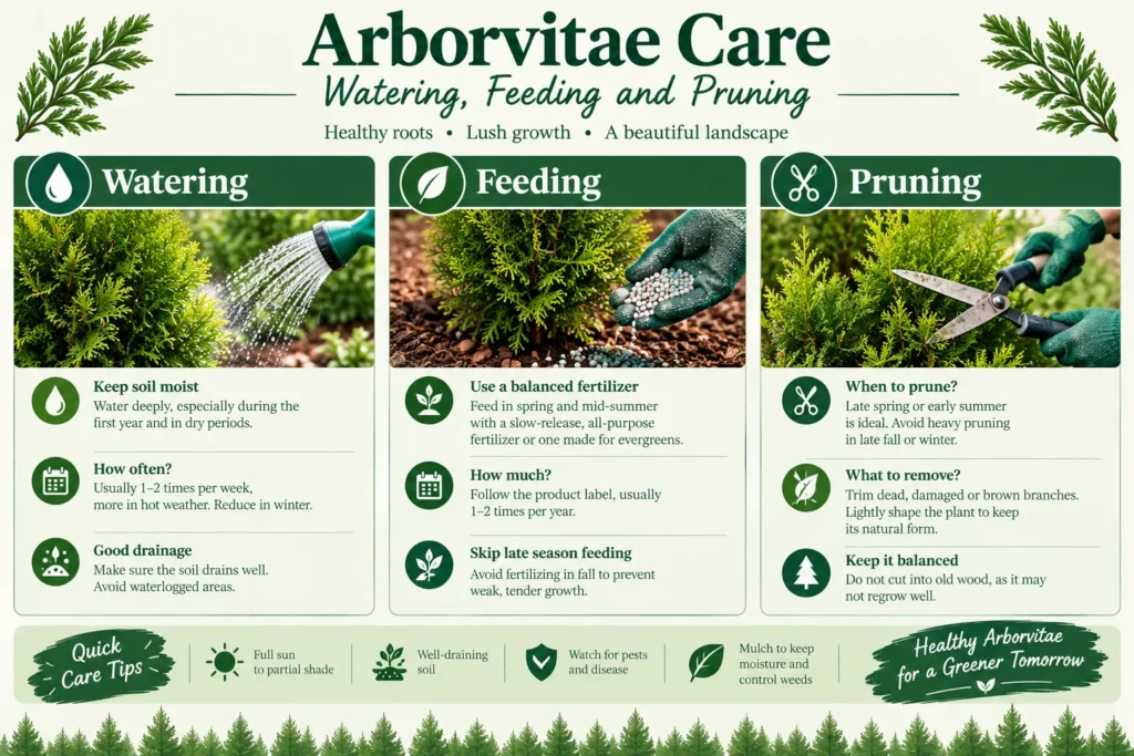 Arborvitae care infographic showing watering, feeding and pruning tips for healthy, lush evergreen growth
