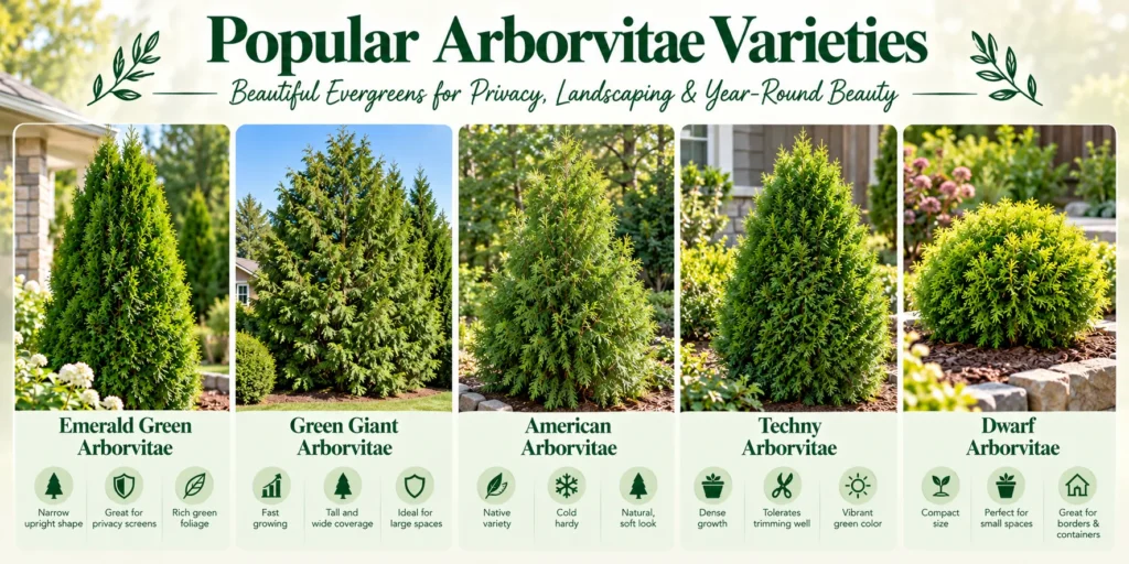 Popular arborvitae varieties infographic comparing Emerald Green, Green Giant, American, Techny and dwarf types