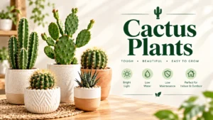 Cactus plants in stylish ceramic pots on a sunny wooden table, easy to grow indoors